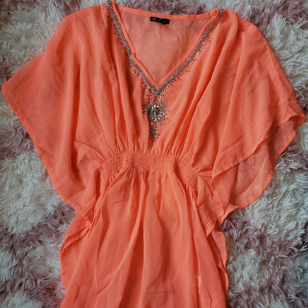 Coral and Silver Beads Swimsuit Cover